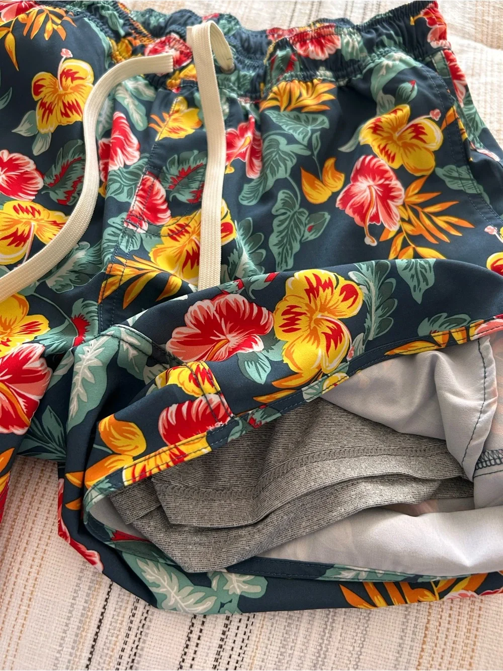 Fair Harbor Navy Floral Swim Trunks with Red and Yellow Hibiscus